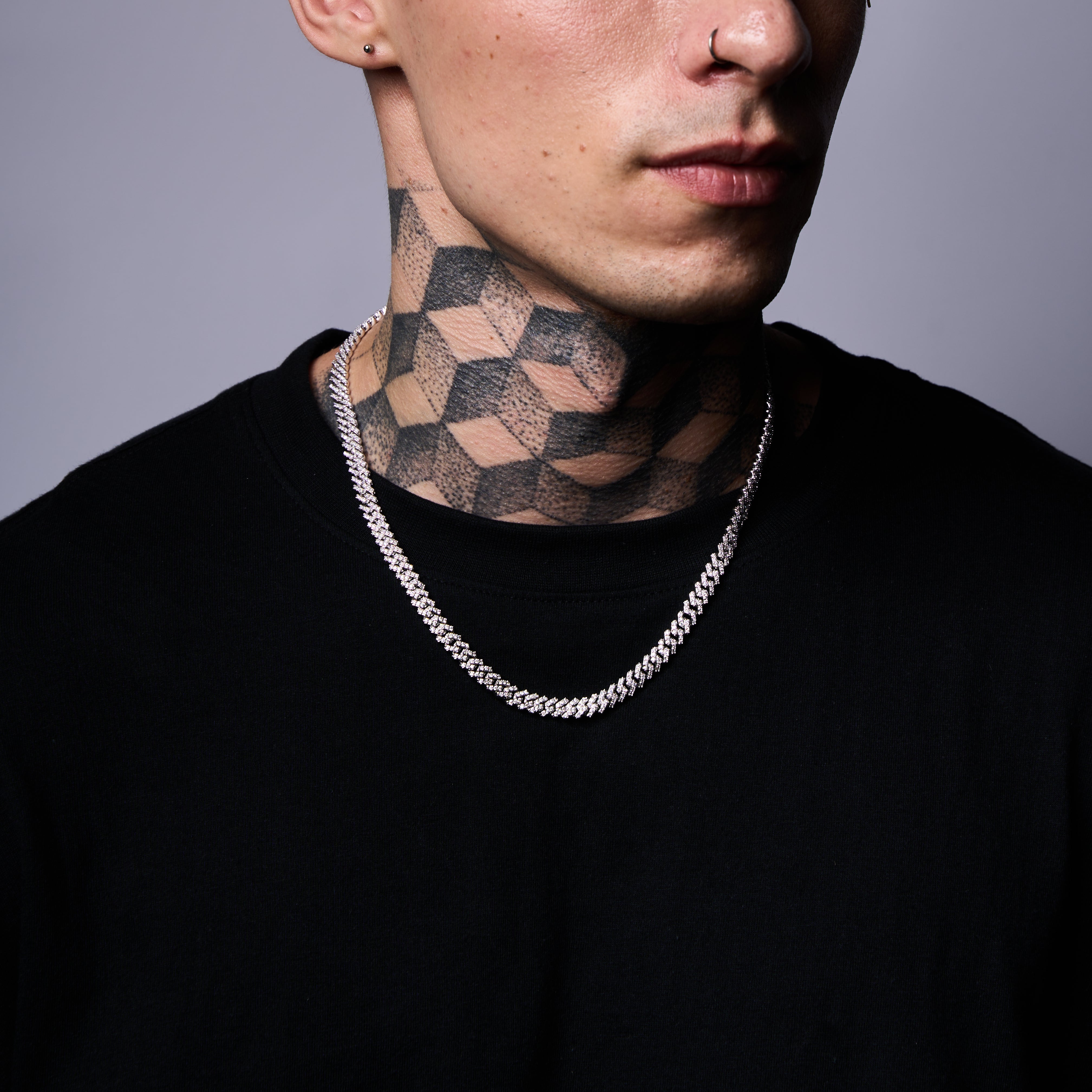 Micro Diamond Prong Cuban Chain in White Gold 6mm