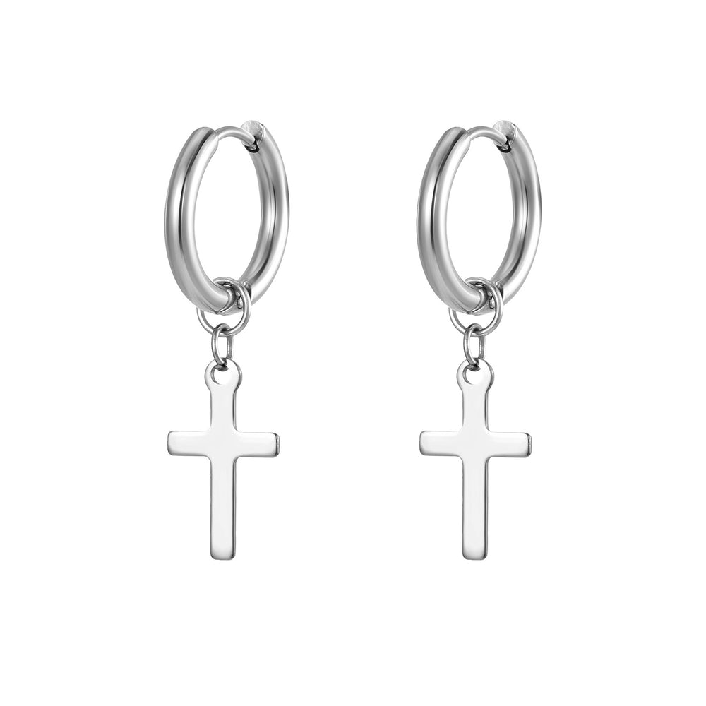Polished Cross Round Hoop Earrings in White Gold