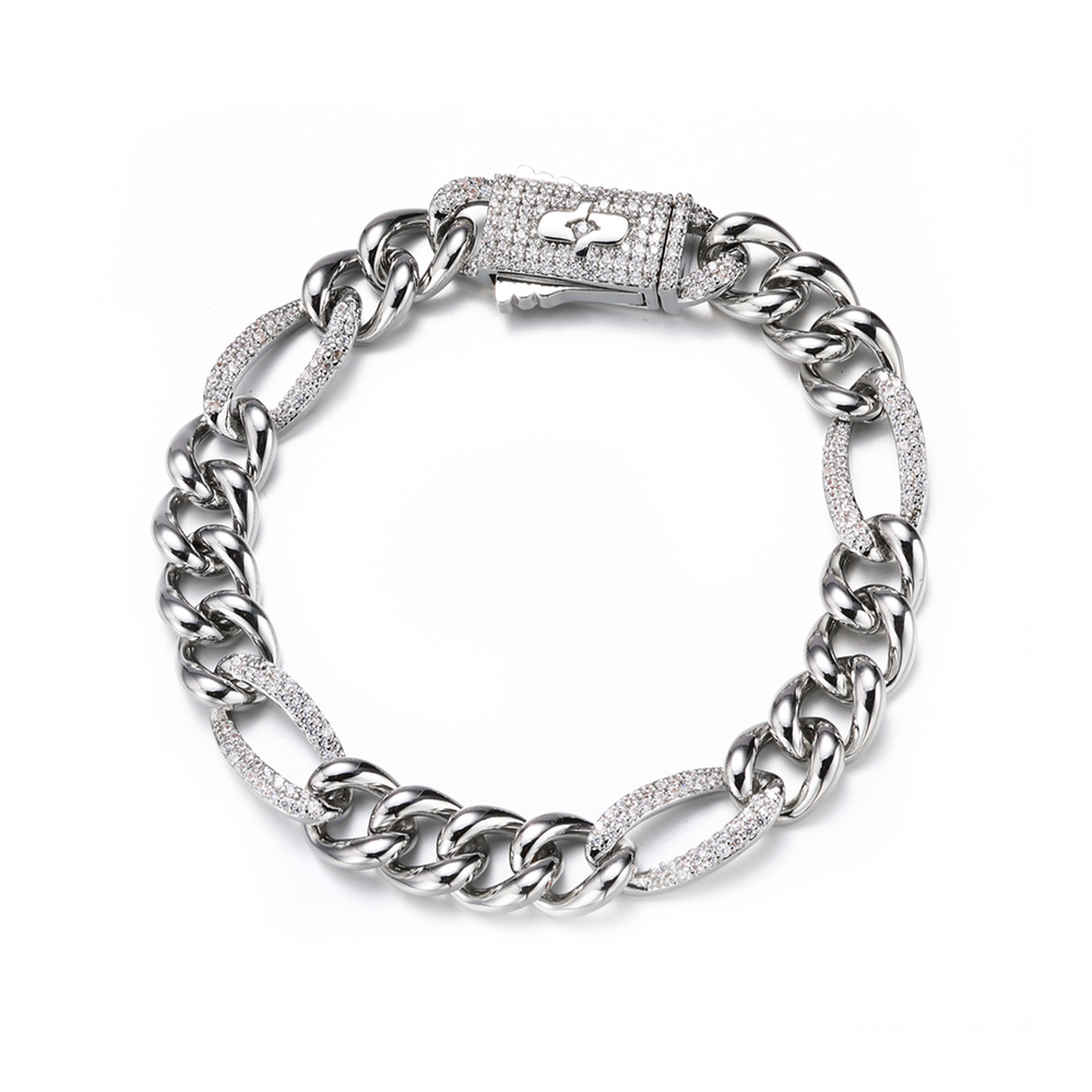 Polished and Iced Figaro Bracelet In White Gold - 7mm