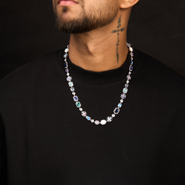 Blue Multi Gemstone Motif Chain In White Gold