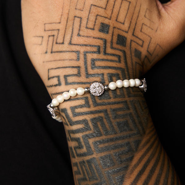 Pearl & Iced Face Motif Bracelet In White Gold