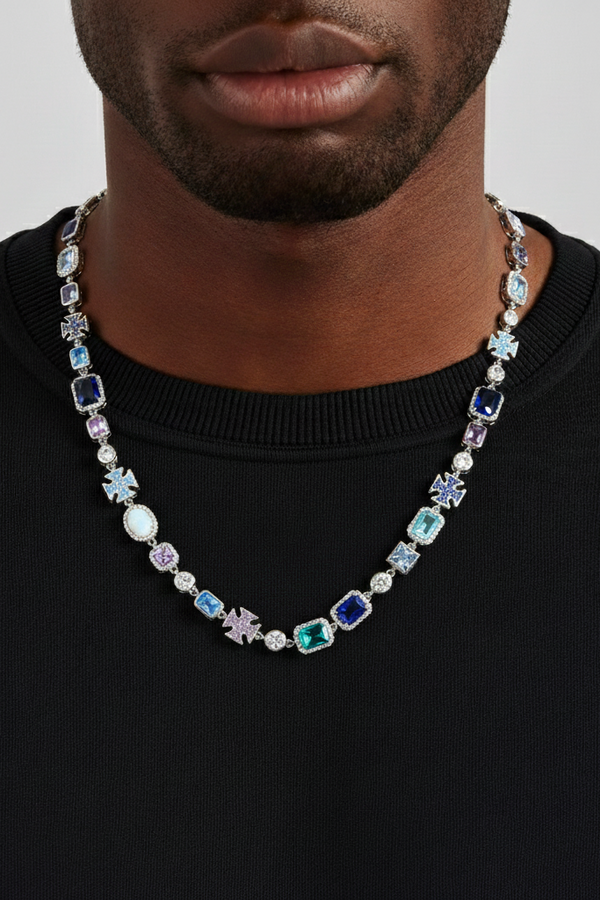 Blue Multi Gemstone Motif Chain In White Gold