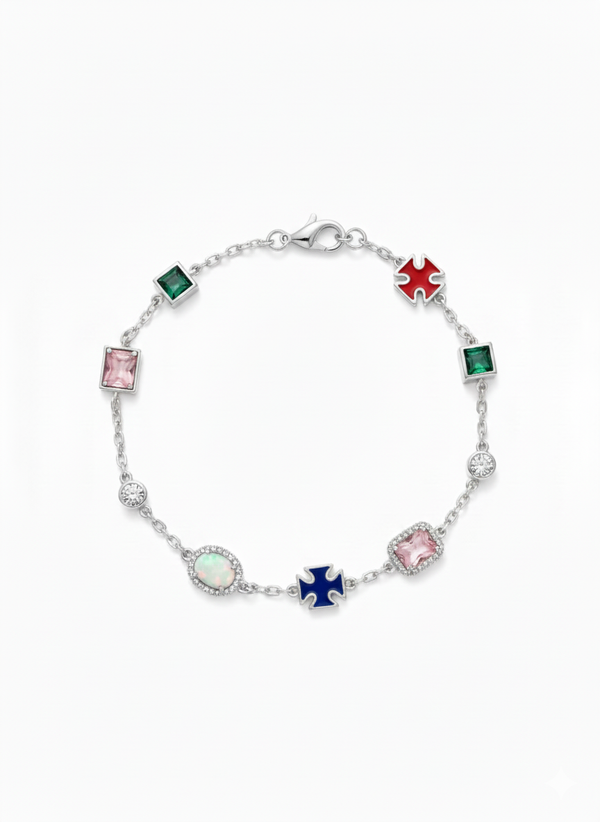 Multi Gemstone Motif Bracelet In White Gold