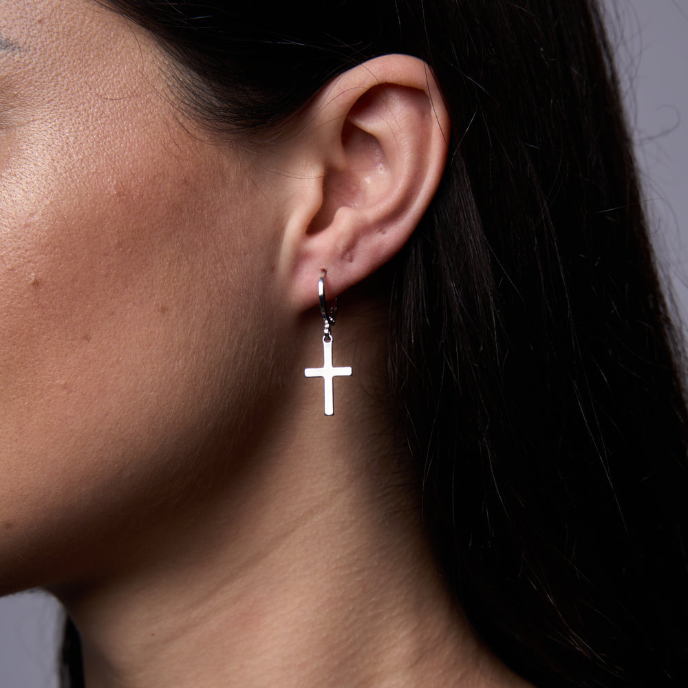 Polished Cross Round Hoop Earrings in White Gold